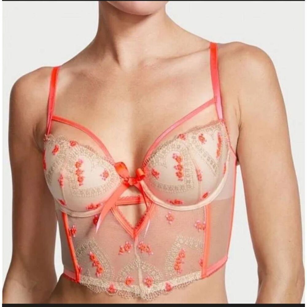 Victoria's Secret Floral Embroidered Strappy Corset Dream Angel's Lined Demi